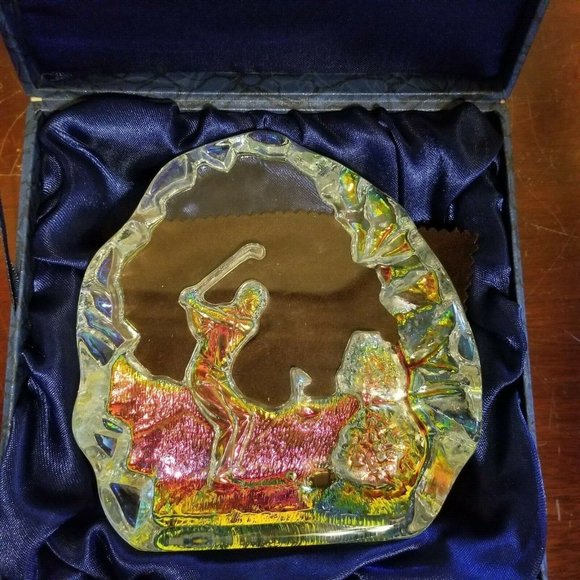 Crystal Iridescent Golf Award Trophy 5.5'' Plaque Padded Box Heavy Glass - Picture 10 of 13